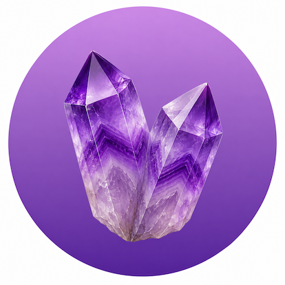 Macle d'améthyste, cluster de cristaux violets