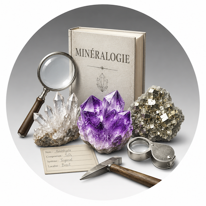 Instruments de minéralogie : loupe, cristaux, marteau, fiche descriptive