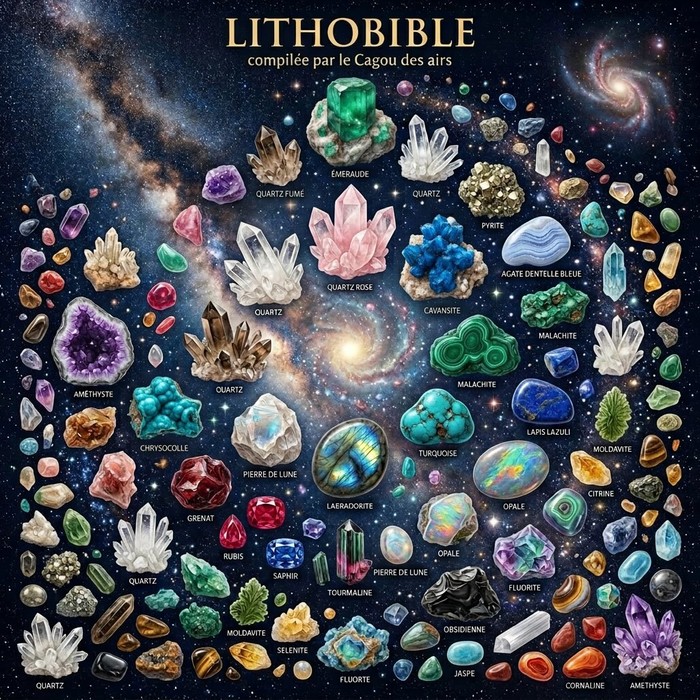 Collage LithoBible&nbsp;: assortiment de pierres et minéraux (améthyste, émeraude, labradorite, opale, tourmaline, entre autres) sur un fond étoilé, compilé par le Cagou des airs